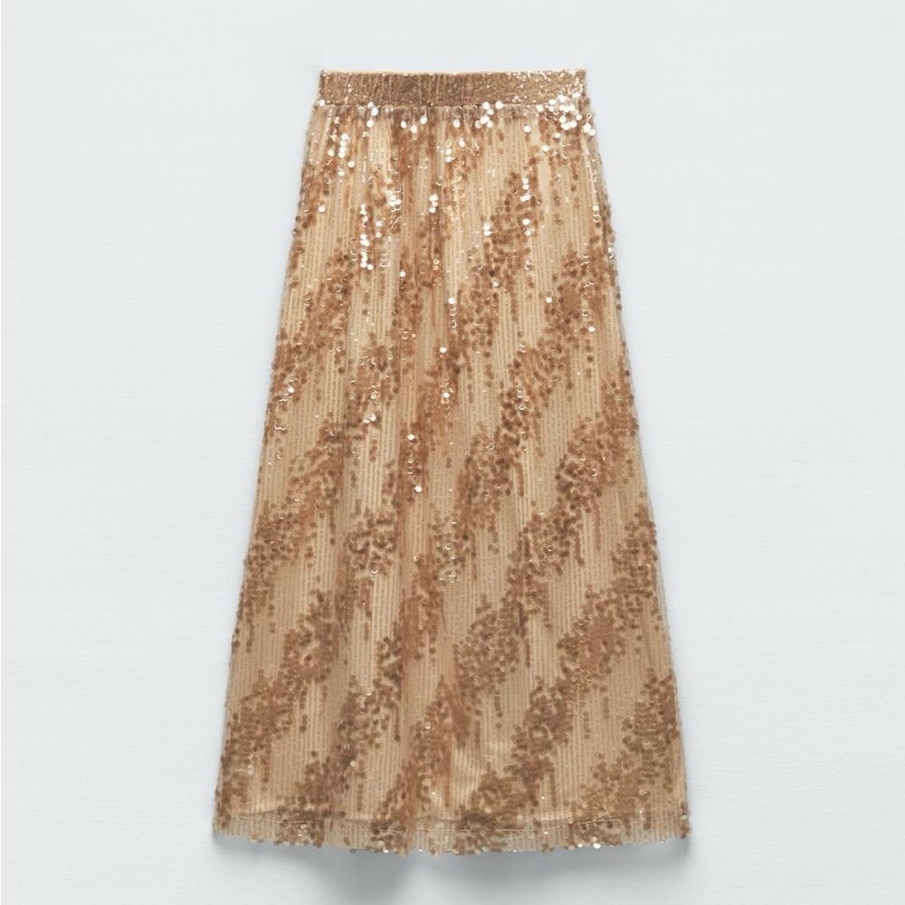 Zara : Bronze Long Sequin Skirt | Size S | NWT